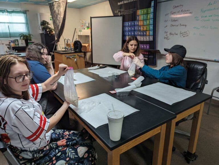 4 Students carry on a science experiment utilizing a Ziploc bag