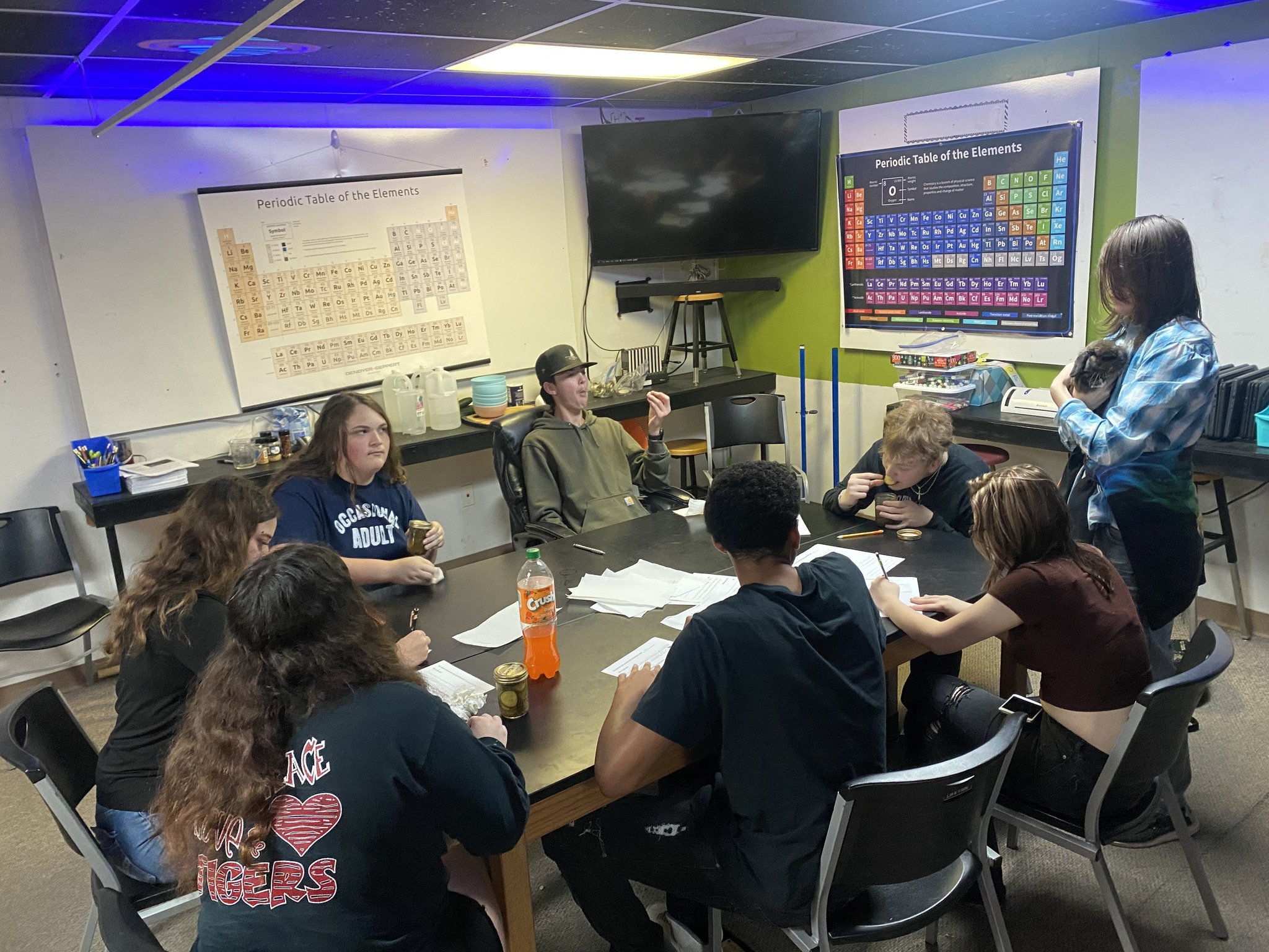 6 students sitting around the table enjoying snacks while another student is standing holding a bunny